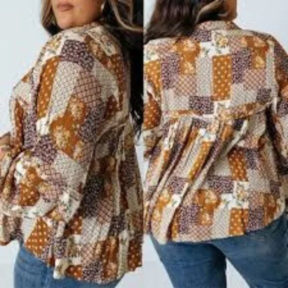 3X Lightweight Patchwork Pullover Top Balloon Sleeve - Picture 3 of 12